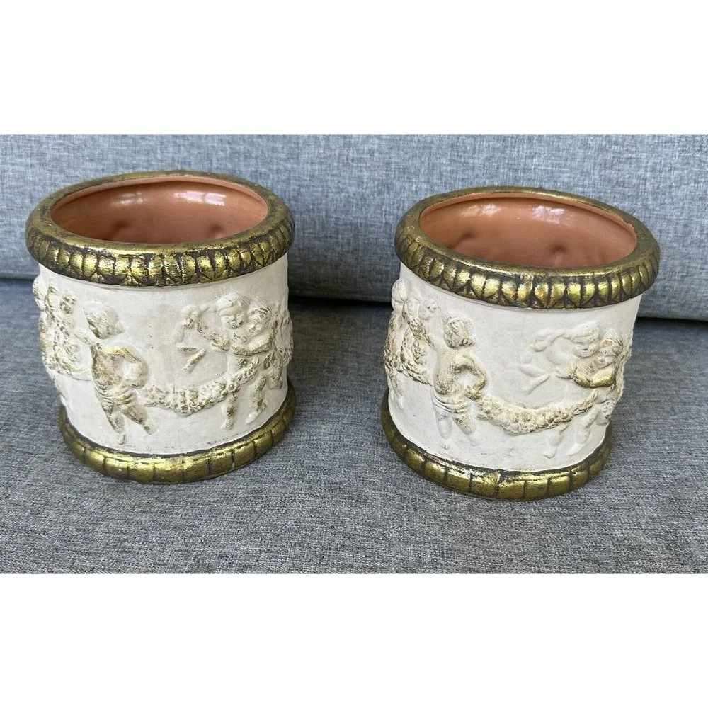 Cherub Putti Vase Planter Lot of 2 Gold Cream Round Ornate Reproduction Pottery